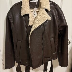Shearling-Lined Brown Leather Bomber Jacket -